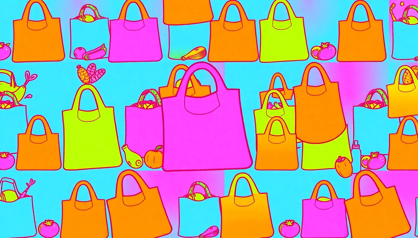 A brightly colored, high-contrast silkscreen print of a reusable grocery bag, repeated in a tight grid pattern in the style of Andy Warhol, conceptually representing the joyful energy of a community celebration.