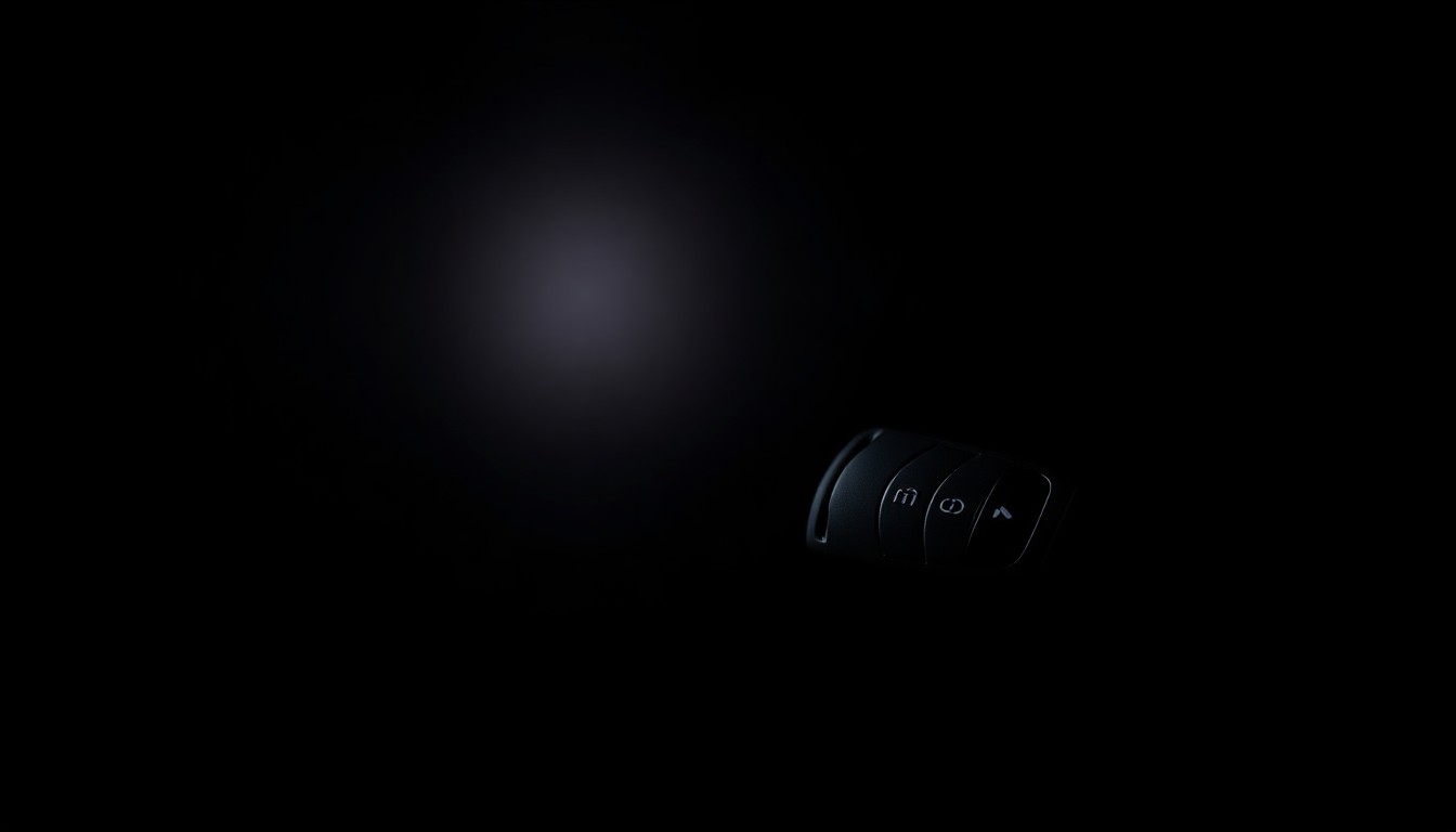 An extreme close-up photograph of a single car key against a pitch-black background, lit by a harsh, direct camera flash, conceptually representing the investigative search for evidence in a missing person case.