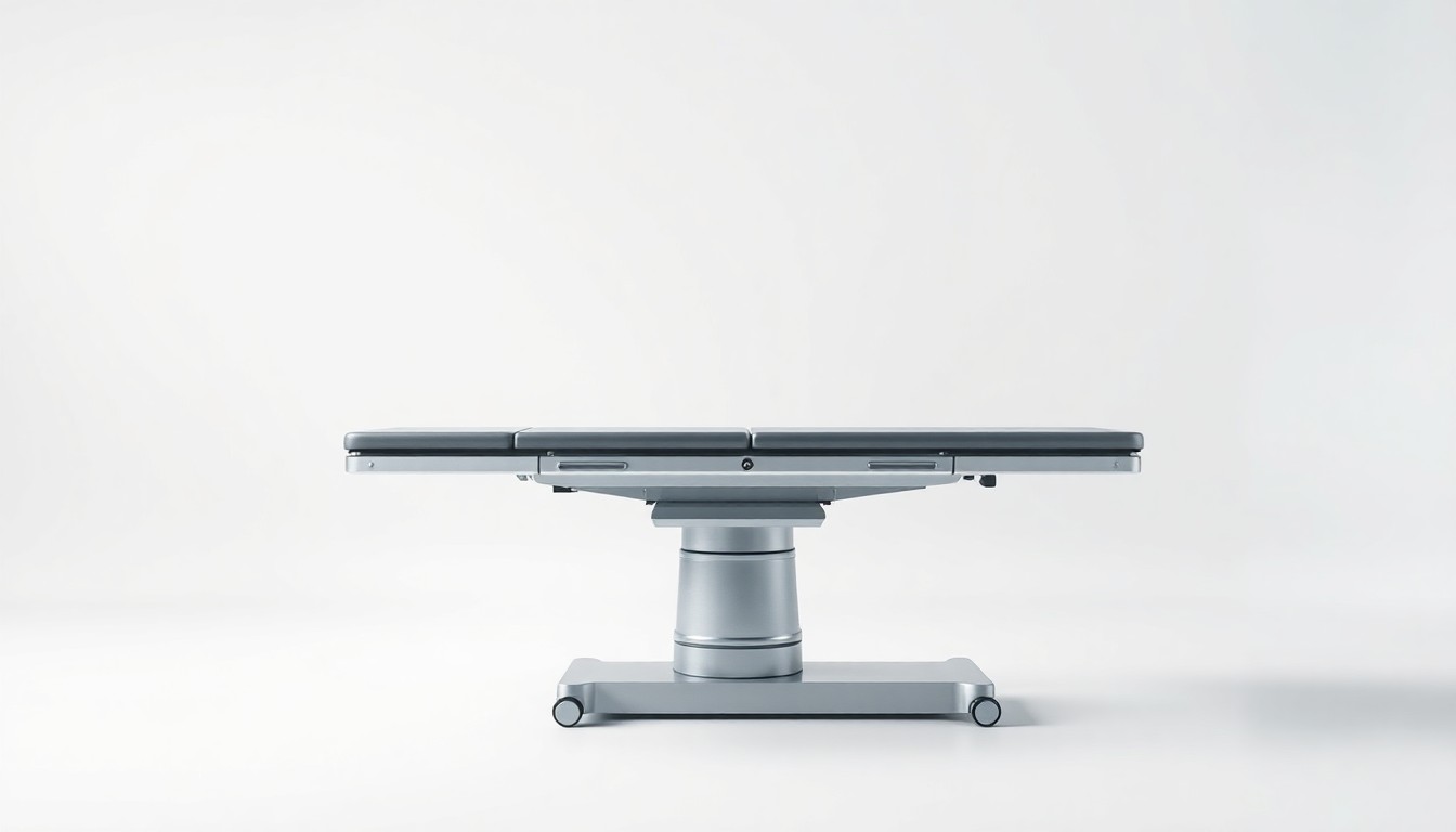 A photorealistic studio still-life photograph of a sleek, modern surgical table with clean lines and polished metal accents, placed on a solid white background, conveying a sense of precision, innovation, and advanced medical technology.