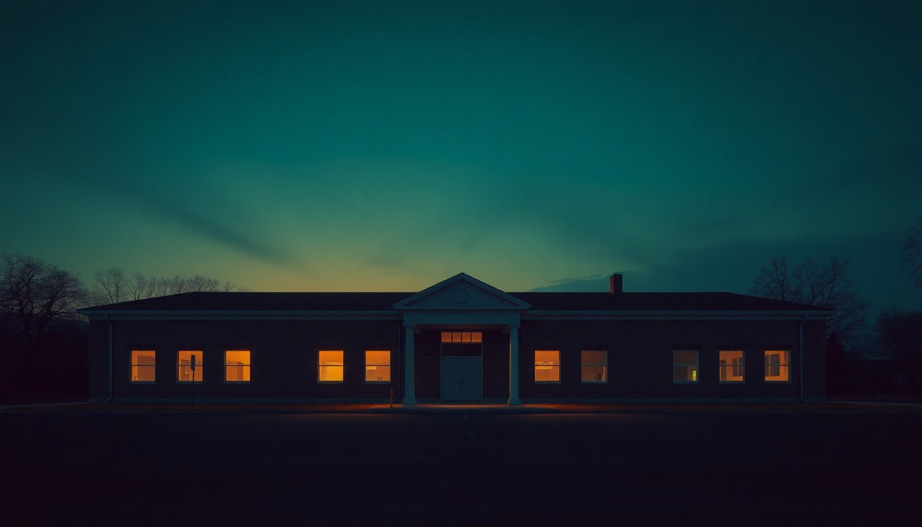 A dimly lit, cinematic painting of a solitary school building at dusk, with warm sunlight casting long shadows across the structure, conveying a sense of quiet contemplation around the decision to potentially rename the school.