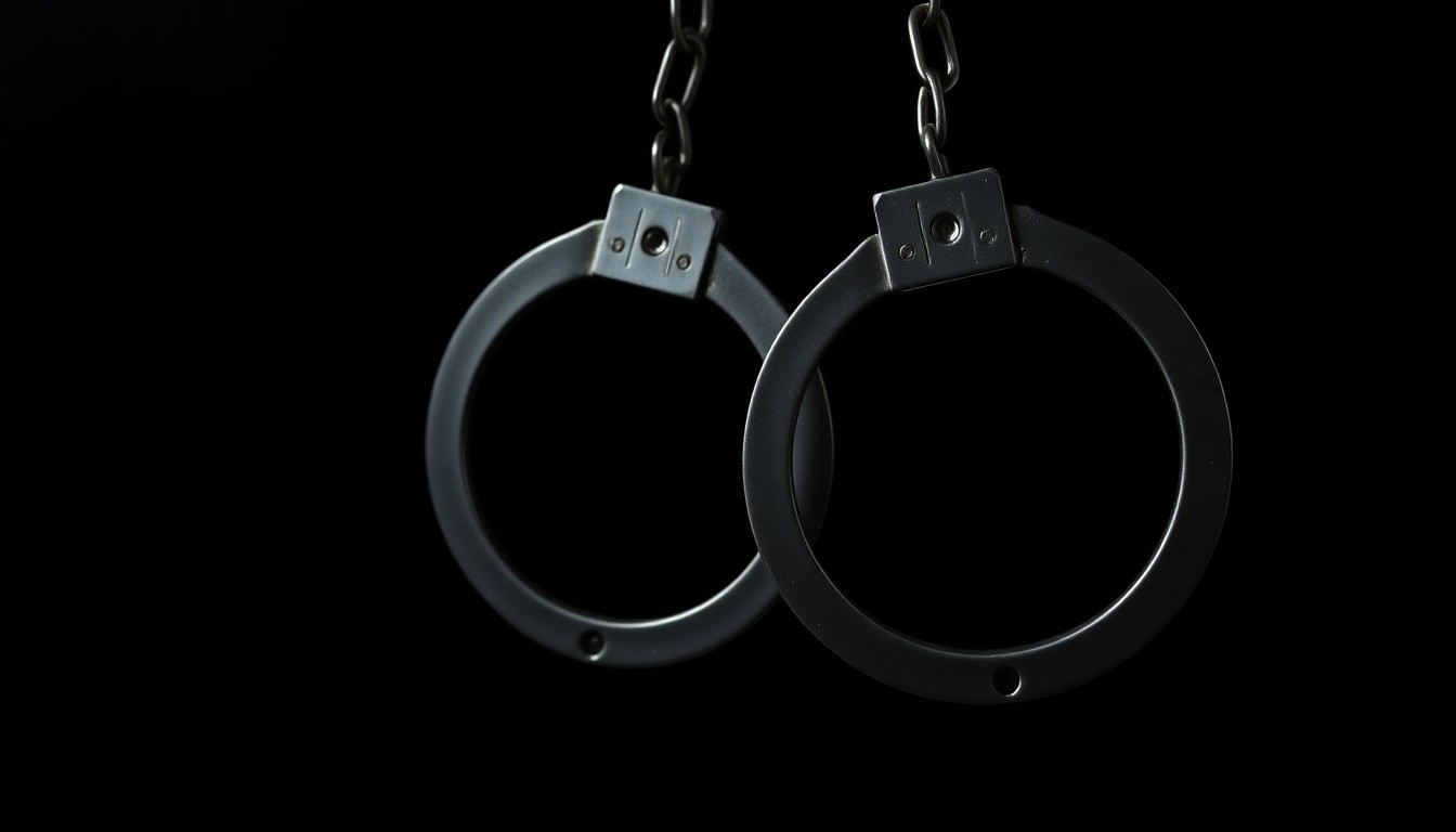 An extreme close-up photograph of a set of handcuffs on a dark background, lit by a harsh, direct camera flash, conceptually illustrating the disruption to the criminal justice system caused by the controversy.