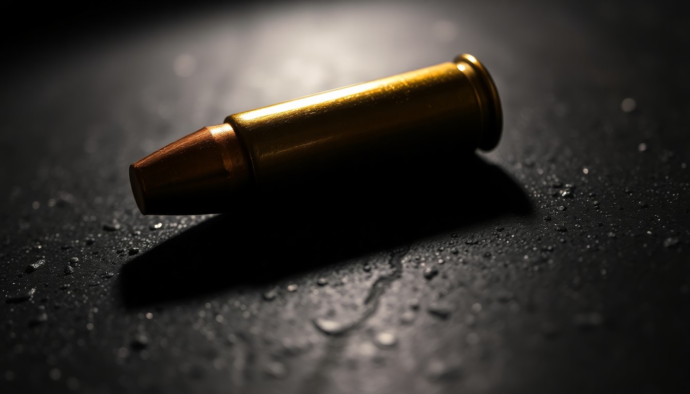 An extreme close-up photograph of a spent bullet casing on a dark, textured surface, lit by a harsh, direct camera flash, conceptually representing the aftermath of a shooting incident.