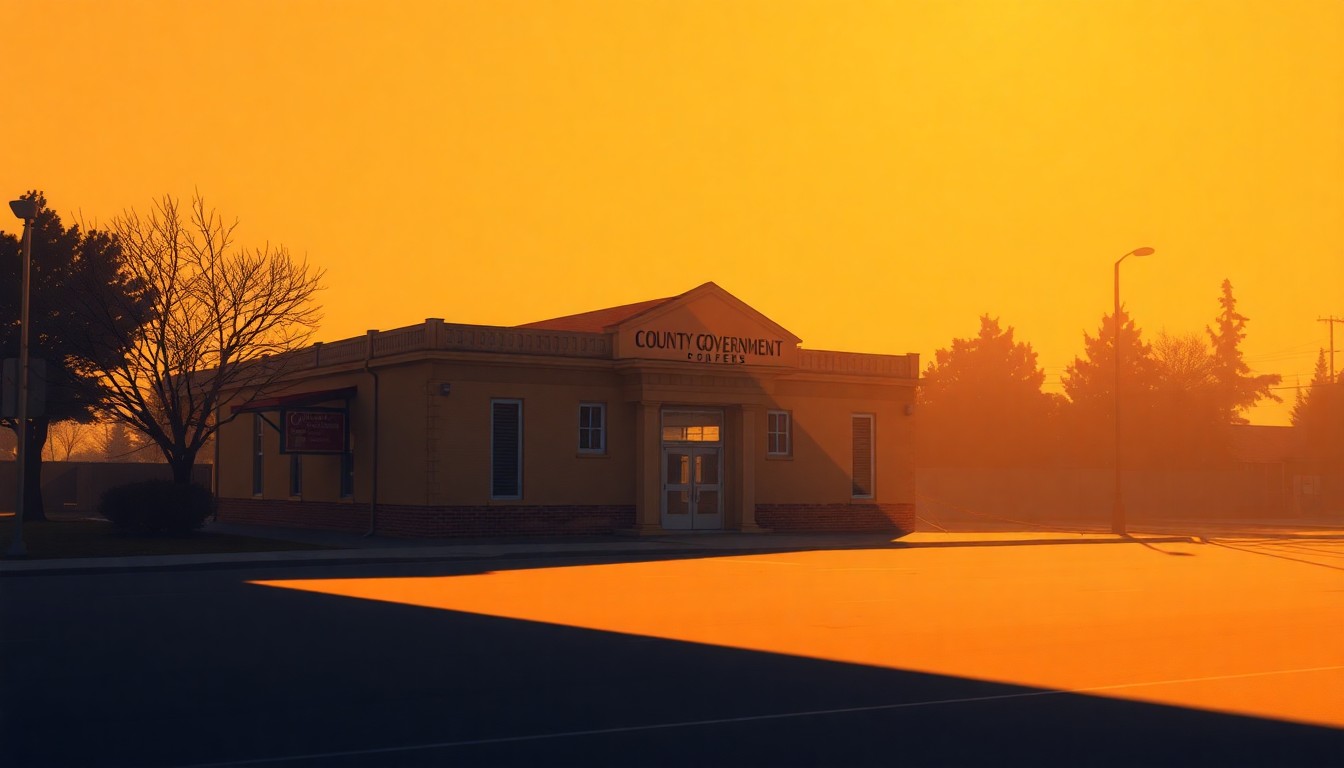 A serene, cinematic painting depicting a county government building in warm, golden light, conveying a sense of financial uncertainty and its impact on the community.