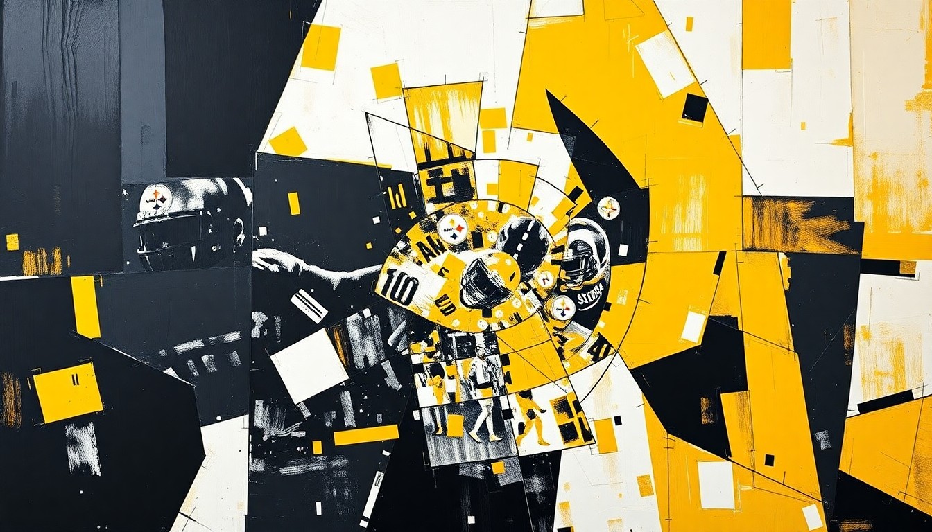 A cubist, geometric painting depicting fragmented and overlapping shapes in the Steelers' team colors, representing the team's aggressive approach to the 2026 NFL Draft.