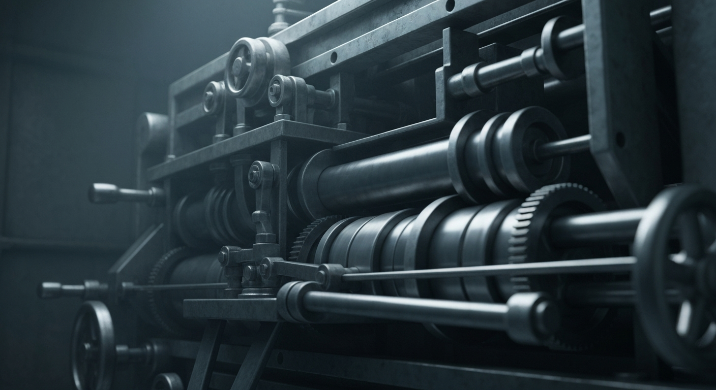 An extreme close-up of the heavy, industrial mechanics of a reinsurance processing machine, with gears, levers, and mechanisms dramatically lit against a dark background, conceptually representing the inner workings and future challenges of the reinsurance industry.