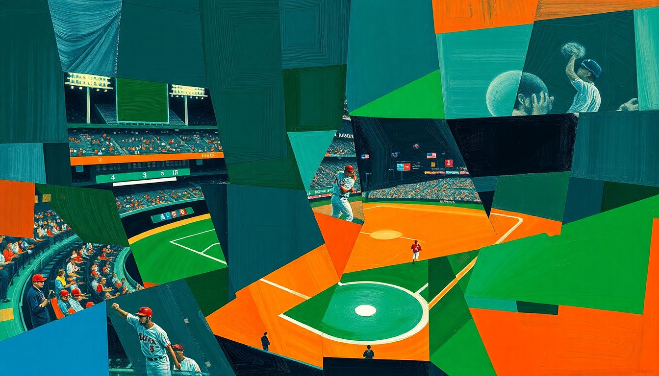 A cubist, geometric painting depicting a baseball game or match, with sharp planes of navy, green, and orange intersecting to create a fragmented, multi-angled view of the action on the field.