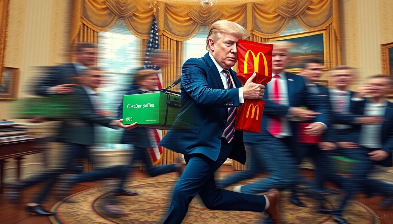 A vibrant, abstract painting depicting a DoorDash delivery person rushing to hand off a bag of McDonald's to President Trump, the figures repeated and overlapped in a blur of motion, conceptually representing the surreal and disjointed nature of the interaction.