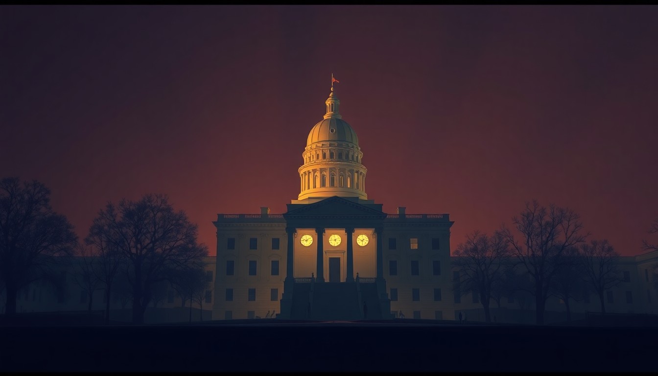 A serene, painterly image of a state capitol building in warm, golden light, evoking a sense of civic pride and the quiet power of grassroots advocacy.