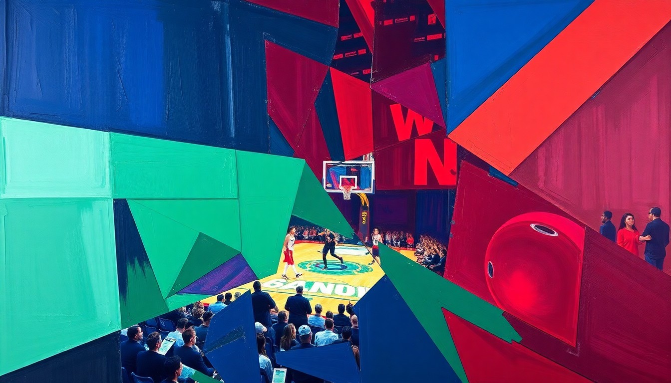 A fractured, cubist-style painting depicting the energy and movement of a WNBA basketball game or draft event, with sharp geometric shapes and planes in a vibrant color palette conceptually representing the excitement and anticipation surrounding the Dallas Wings' selection of Azzi Fudd.