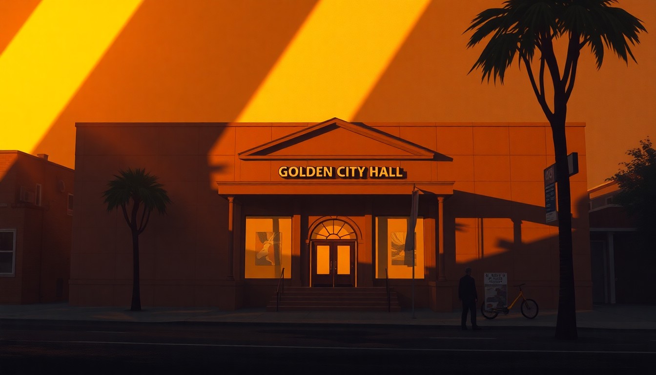 A serene, painterly depiction of the exterior of a government building in warm tones, capturing the quiet civic energy of a local council meeting.