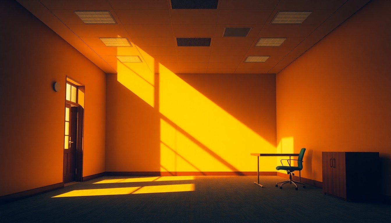 A dimly lit, cinematic government office space with an empty desk and chair, conveying a sense of bureaucratic isolation and the challenges faced by those seeking citizenship.