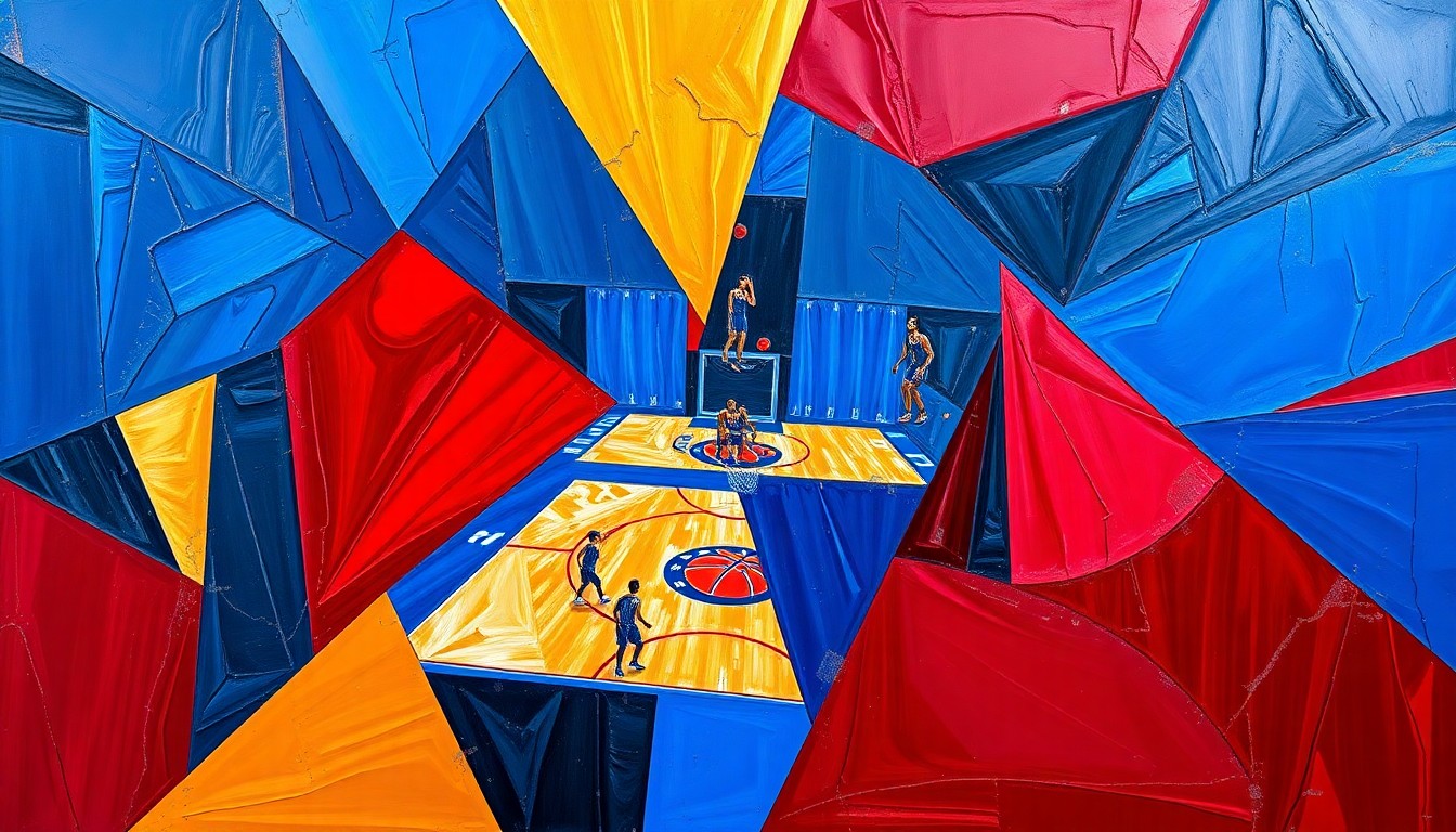 A cubist, geometric painting depicting fragmented basketball players and court elements in a dynamic, multi-angled composition, conceptually representing the strategic maneuvering and roster changes in the WNBA draft.