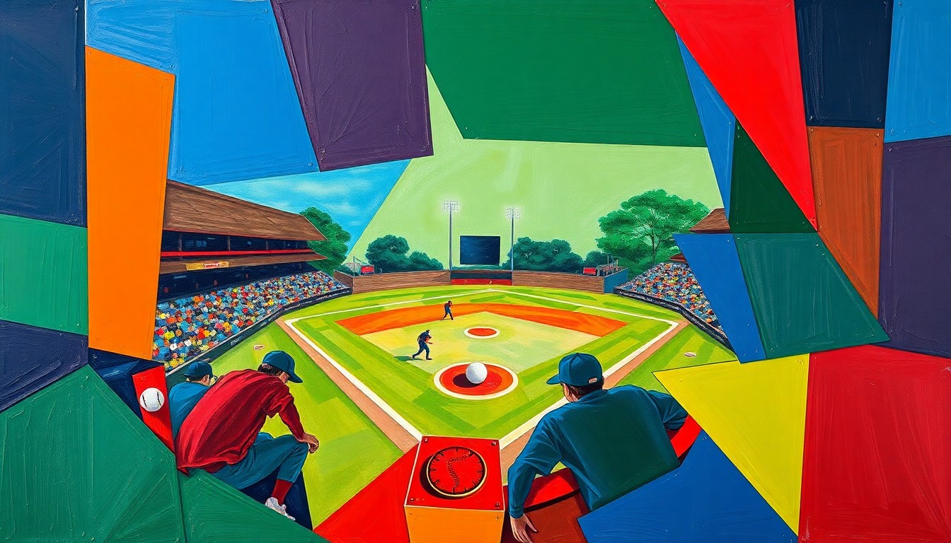 A fractured, geometric painting depicting a softball game in motion, with overlapping planes of navy, green, and red conveying the dynamic action on the field.