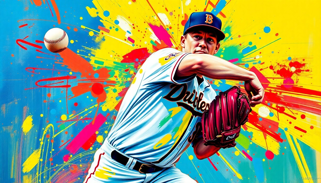 An abstract, energetic painting featuring bold brushstrokes in neon greens, oranges, and blues, capturing the dynamic motion and power of a baseball pitcher in mid-delivery, with the player's features obscured in the vibrant expressionist style.