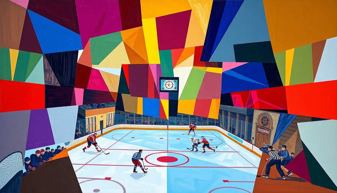 A cubist, geometric painting depicting a hockey game in motion, with the players and the rink broken down into fragmented, overlapping shapes and planes in the team's official colors.