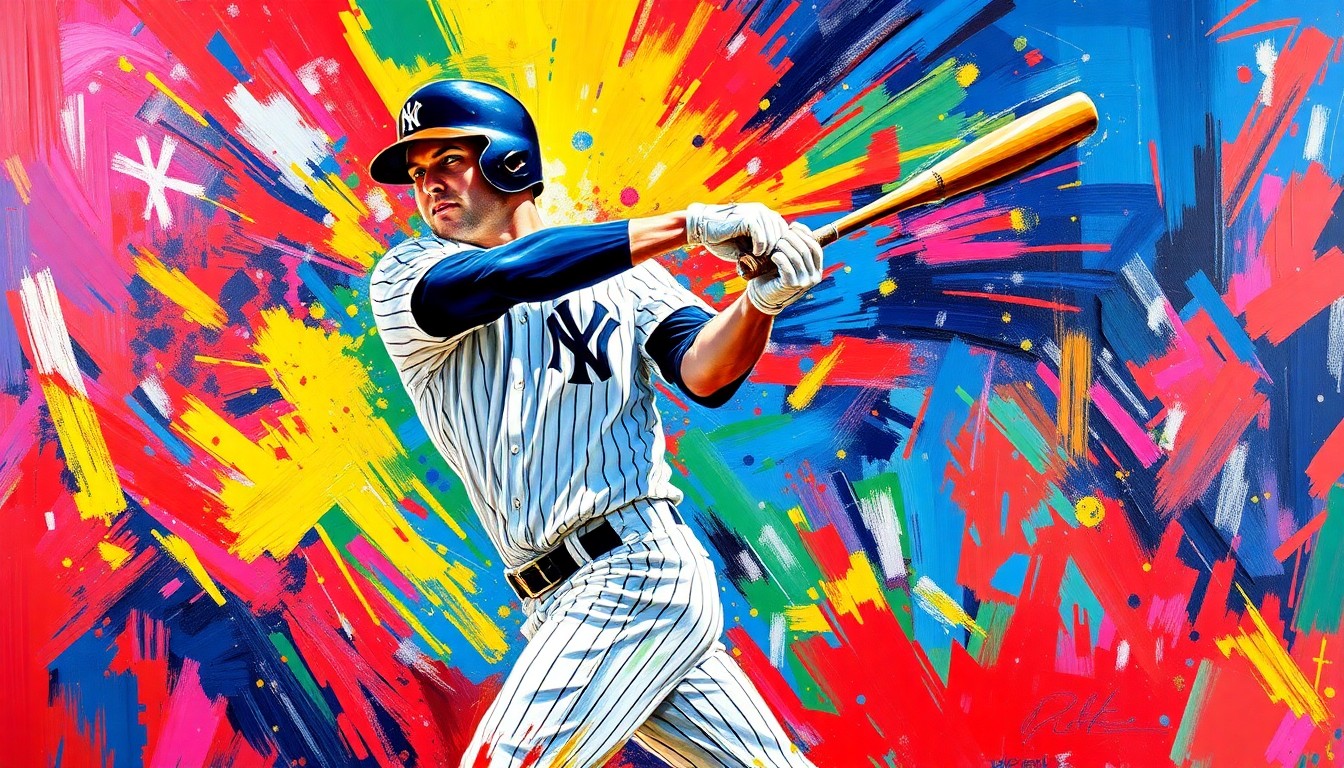 An abstract, expressionist painting featuring vibrant neon brushstrokes and shapes that capture the explosive energy and power of a baseball player's swing, representing Trent Grisham's clutch home runs that sparked the Yankees' comeback win.