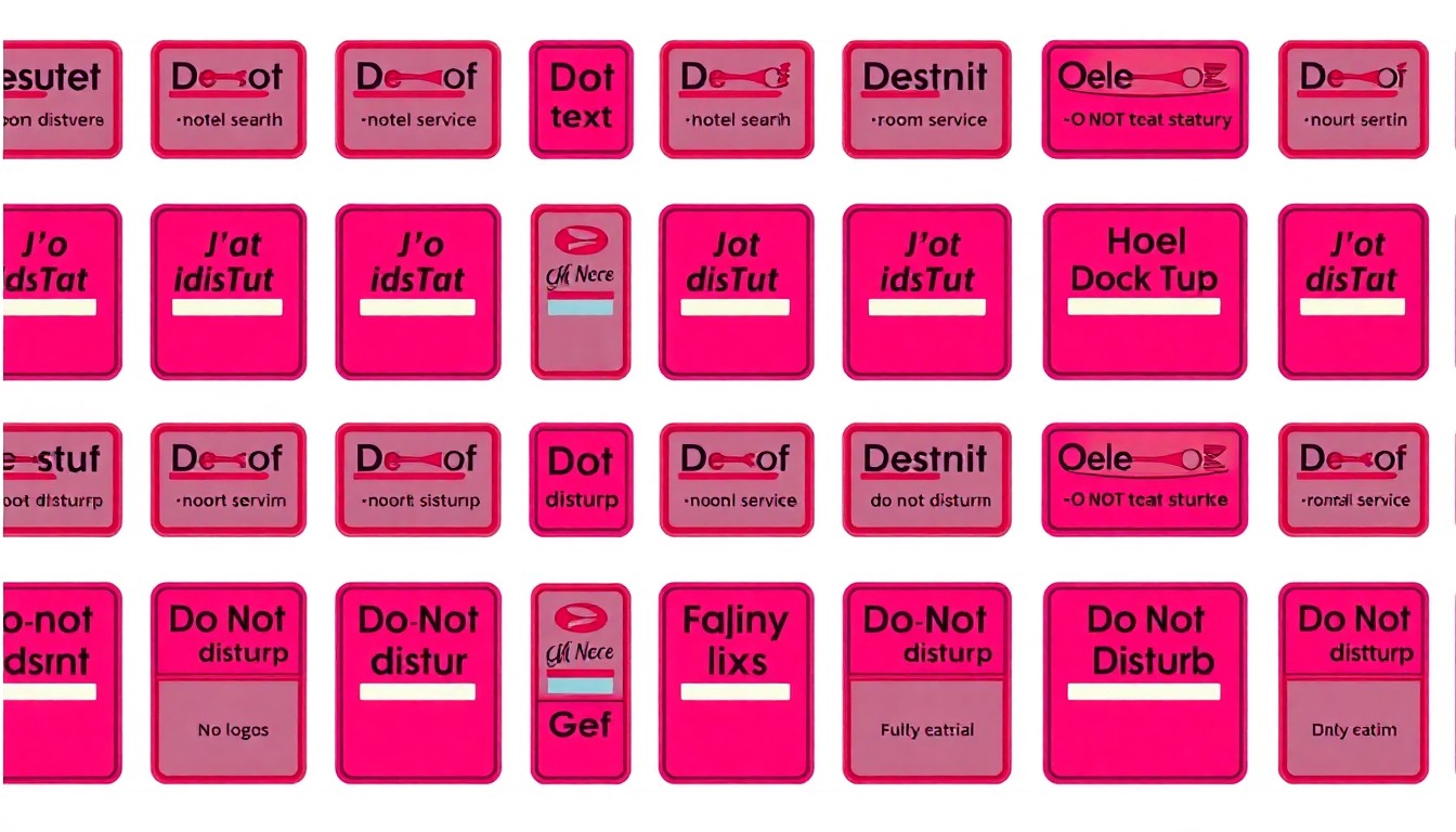 A high-contrast, brightly colored silkscreen print featuring a repeating grid pattern of an iconic hotel room service tray or 'do not disturb' sign, conceptually representing the repurposing of vacant hotel properties into residential units.