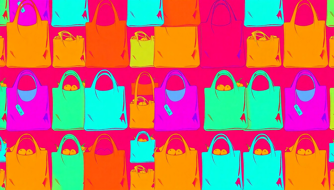 A highly stylized, pop art-inspired illustration featuring a repeating pattern of a reusable grocery bag or organic produce item in a grid, rendered in a bold, neon color palette with heavy black outlines, conceptually representing the community-focused values and longevity of an independent natural food store.