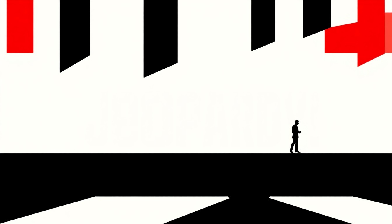 An abstract, minimalist illustration featuring bold, jagged black silhouettes and high-contrast geometric shapes in red, white, and black, conceptually representing the competitive spirit and iconic branding of the Jeopardy! game show.