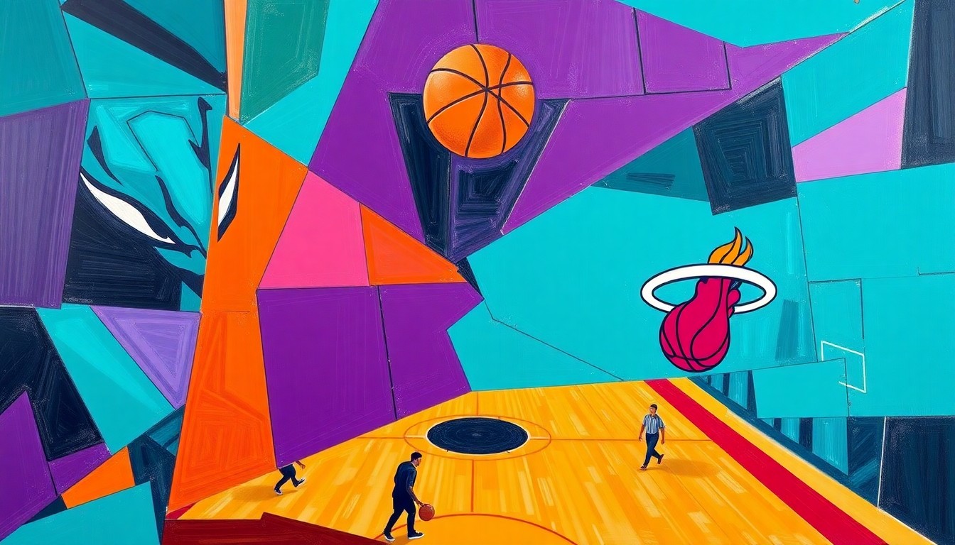 A cubist, geometric painting depicting a basketball game between the Charlotte Hornets and Miami Heat, with the players and court broken down into sharp, overlapping planes of vibrant teal, purple, and orange colors.