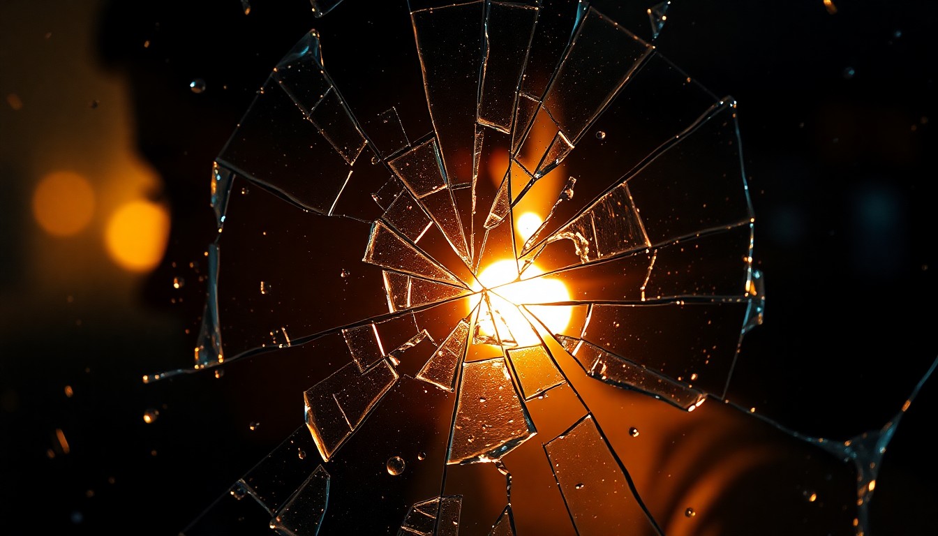 An abstract close-up image of shattered glass shards reflecting a warm, soft light, conveying the unresolved romantic tension at the heart of the popular TV drama.