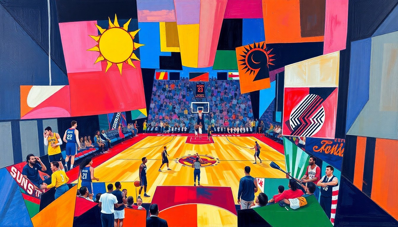 A fractured, cubist-style painting depicting the action and movement of a basketball game, with the players and court rendered in sharp, overlapping geometric shapes and planes of color.