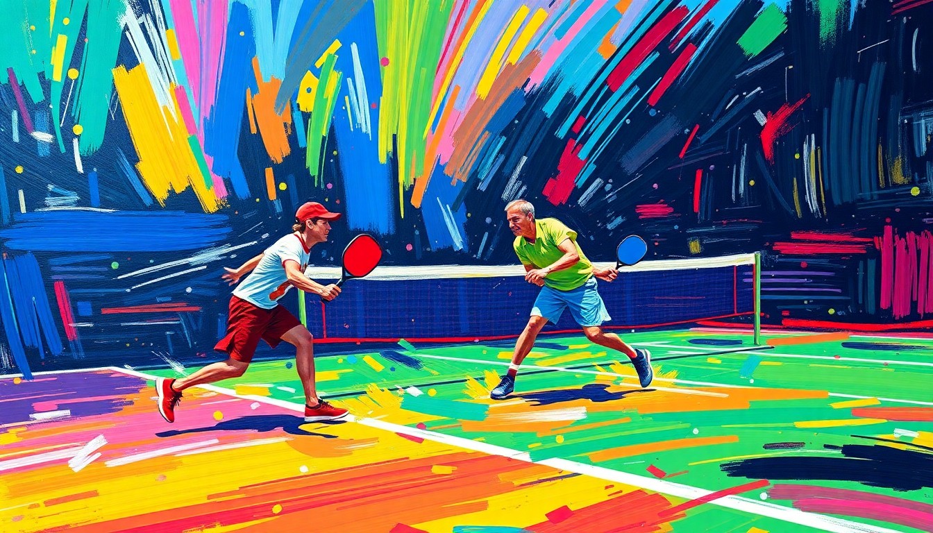 An abstract, textured painting in bright neon colors, capturing the dynamic motion and competitive spirit of a pickleball match through rapid, expressive brushstrokes.