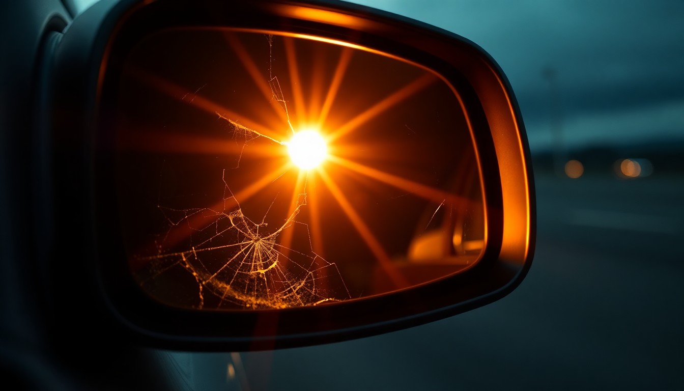 An extreme close-up photograph of a car's cracked side mirror reflecting the harsh glare of a camera flash, conceptually illustrating the aftermath of a road rage incident.