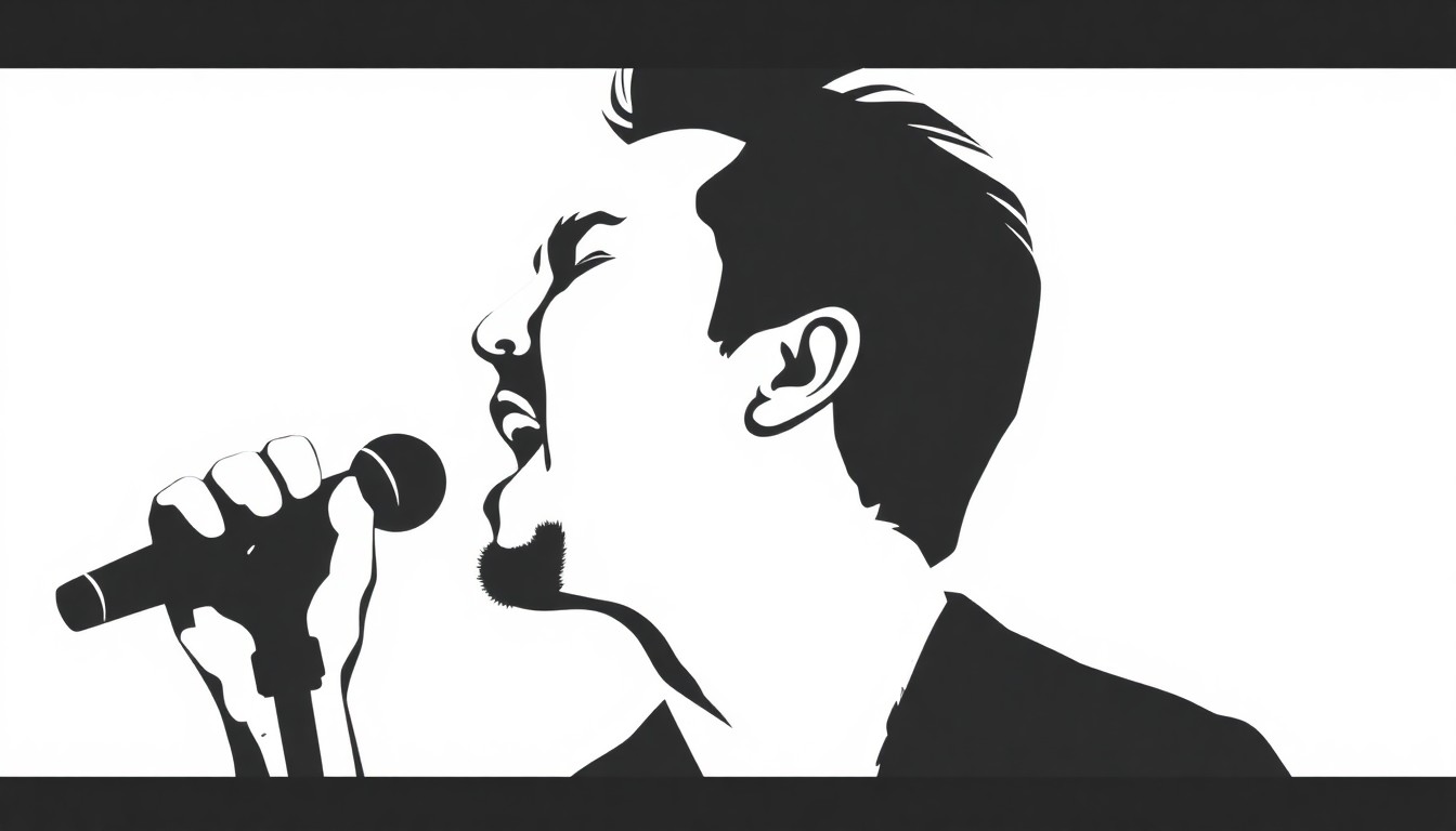 A dramatic black and white silhouette illustration of a singer's head and shoulders in profile, with bold, angular shapes creating an abstract, minimalist representation of a performer on a stage.