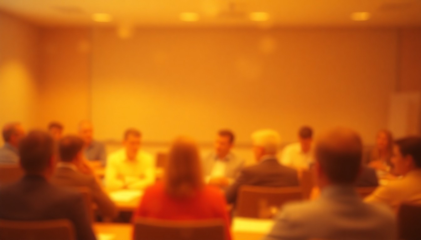 An abstract, out-of-focus photograph in warm tones depicting the blurred silhouettes of people in a crowded room, conceptually representing the emotional atmosphere of a school board meeting where teachers are advocating for improved working conditions.
