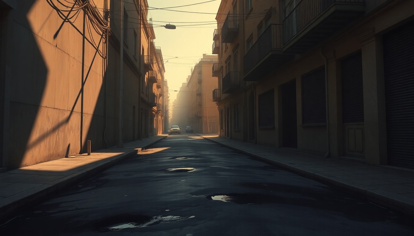 A serene, cinematic painting of a city street with potholes and cracks in the pavement, bathed in warm, golden light and deep shadows, conveying a sense of melancholy and urban decay.