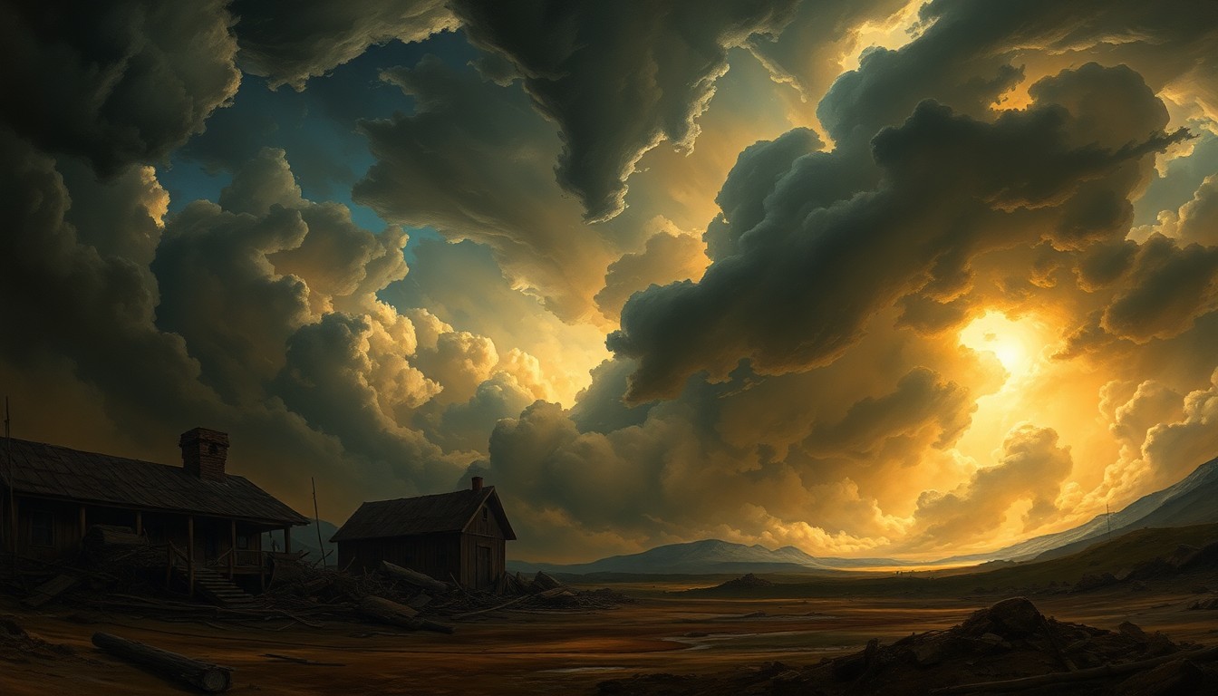 A vast, atmospheric landscape painting depicting the powerful forces of nature, with damaged structures and debris dwarfed by the overwhelming scale of the stormy sky and dramatic lighting.