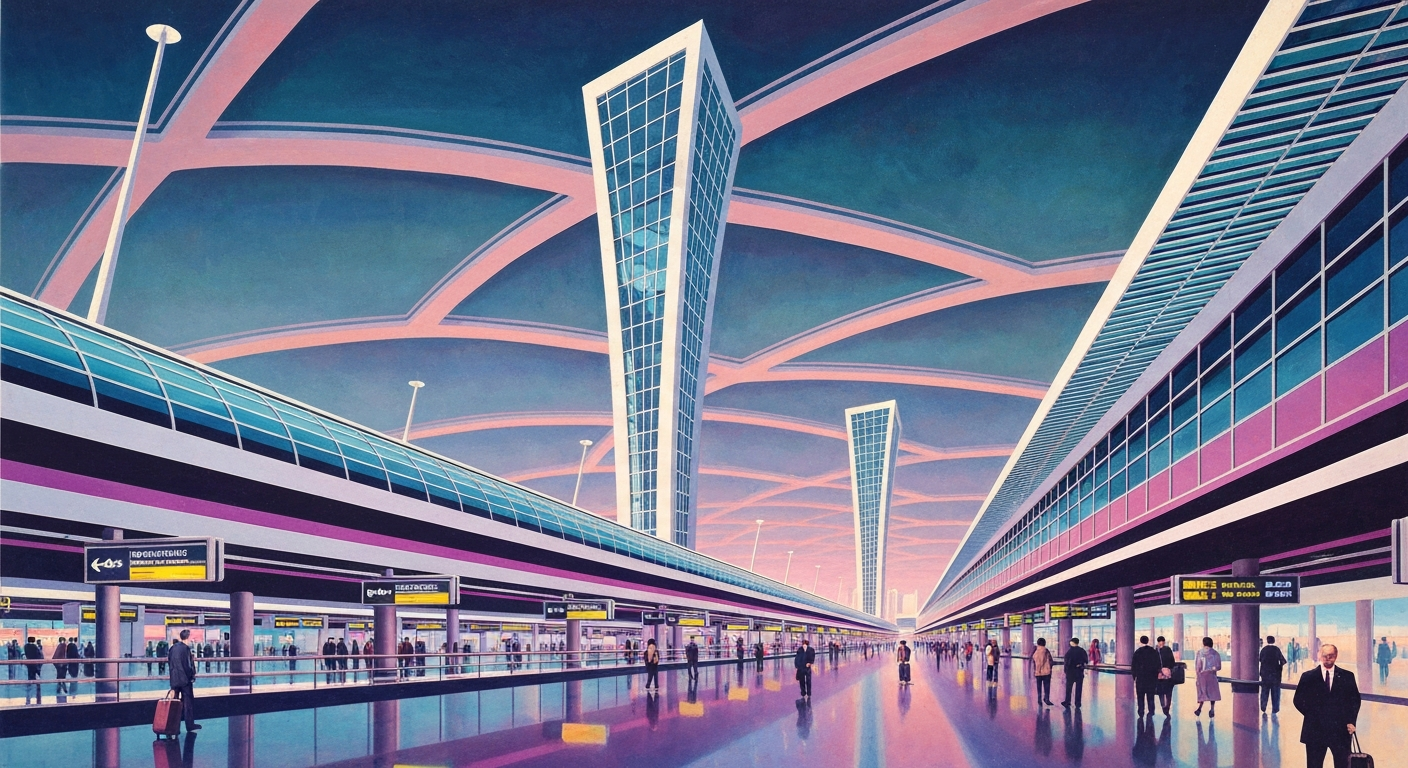 A highly stylized, geometric illustration depicting the grand scale and bustle of an airport terminal, with sweeping lines, smooth gradients, and towering architectural forms, conveying the sense of disruption and uncertainty facing air travelers passing through Phoenix Sky Harbor.