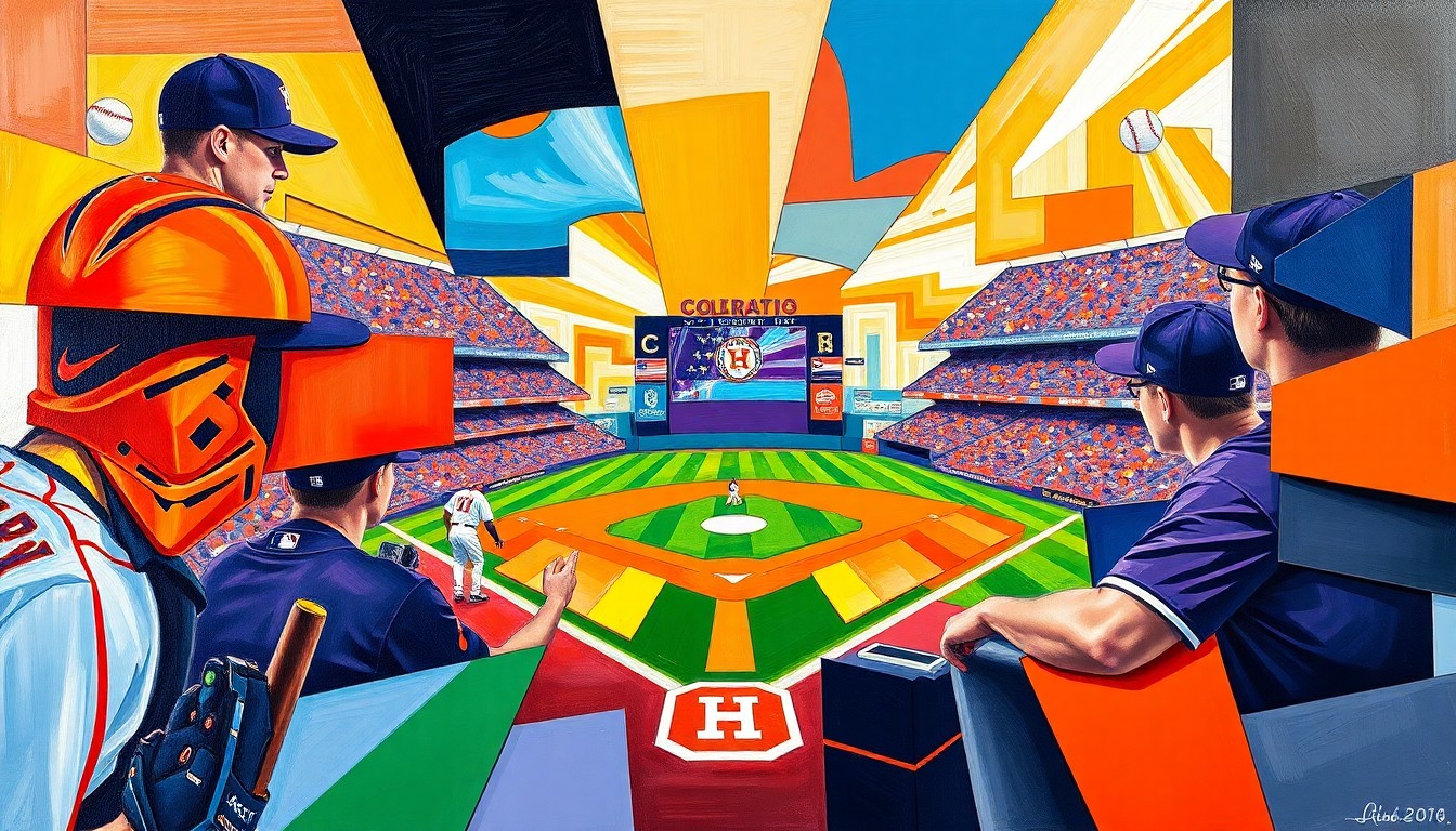 A fragmented, geometric painting depicting a baseball game between the Houston Astros and Colorado Rockies, with sharp planes of vibrant orange and purple colors representing the teams' uniforms.