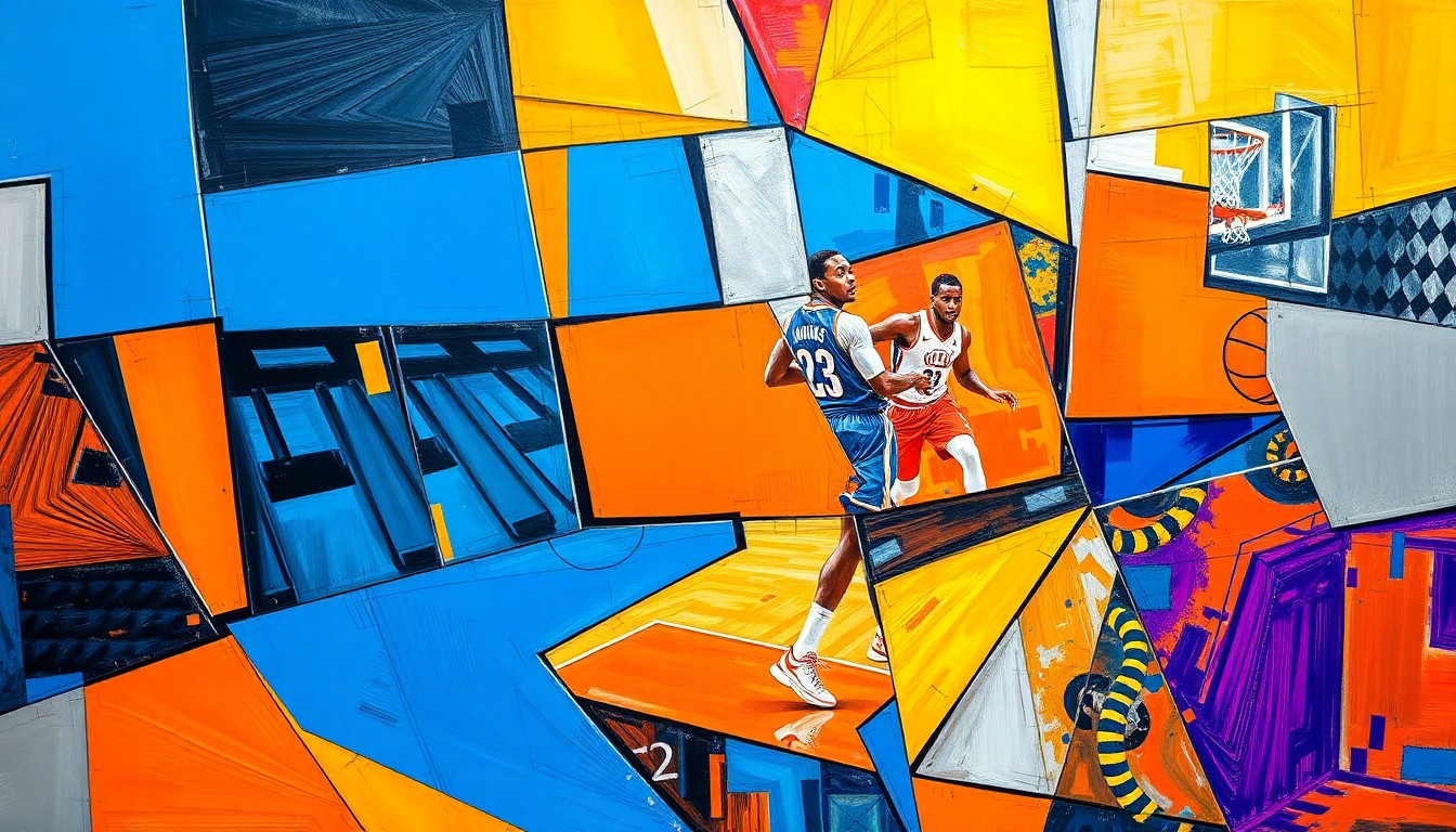 A fragmented, cubist-style painting depicting a WNBA basketball game, with the players and court broken down into sharp, overlapping geometric shapes in vibrant colors, conveying the dynamic energy and strategic nature of the Fever's draft pick.