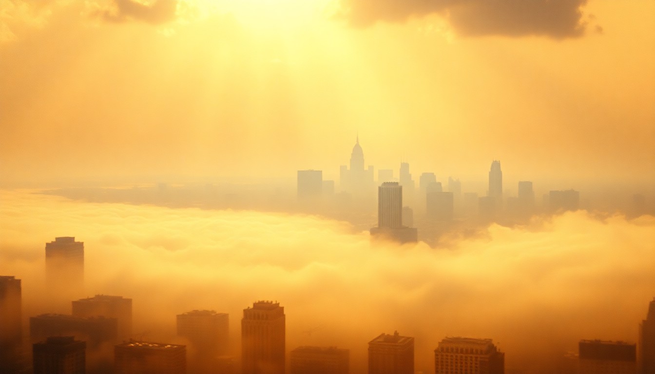 A vast, atmospheric landscape painting in muted tones of gold, ochre, and hazy blue, depicting the distant silhouette of a city skyline obscured by shimmering heat waves in the foreground, conveying the overwhelming power of extreme weather.