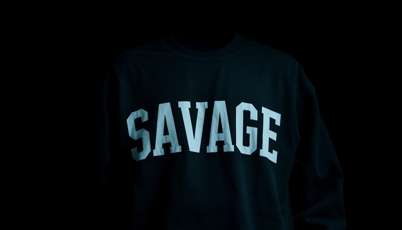 An extreme close-up photograph of a crumpled 'SAVAGE' sweatshirt, the fabric's texture and folds dramatically illuminated by a harsh, direct camera flash against a pitch-black background, conceptually representing the gritty investigation into a recent bank robbery.