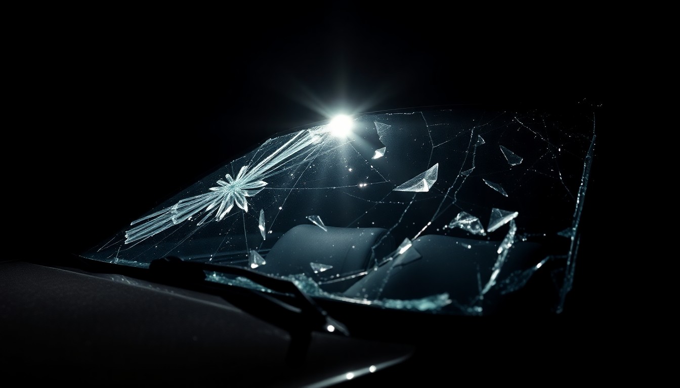 An extreme close-up photograph of shattered glass from a car windshield, dramatically lit by a harsh camera flash against a dark background, conveying the stark, gritty aftermath of a serious traffic incident.