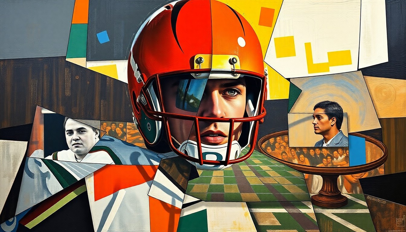 A cubist-style painting depicting a fragmented, multi-perspective scene of a football quarterback competition, with sharp geometric shapes and planes representing the different players and their roles.