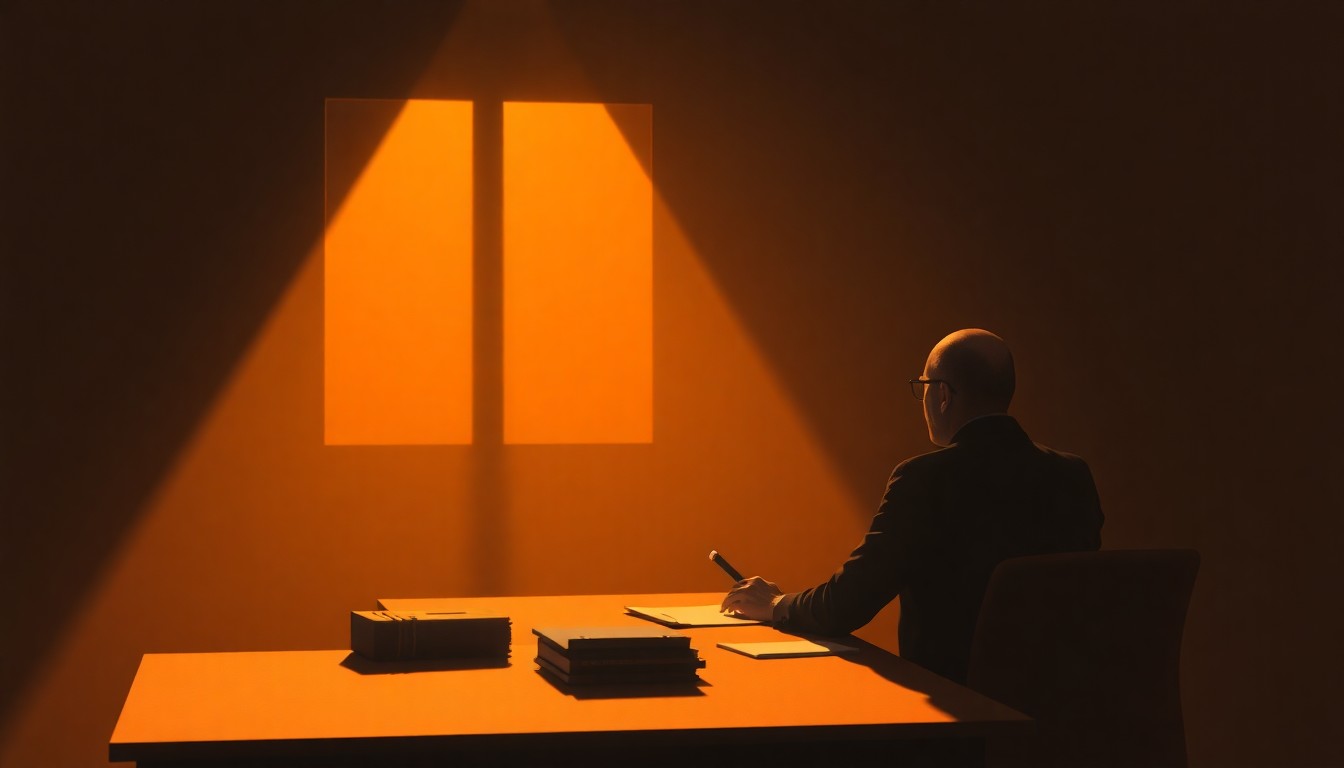 A pensive figure sitting alone at a desk, the scene rendered in warm, muted tones and dramatic lighting, conveying a sense of isolation and contemplation.