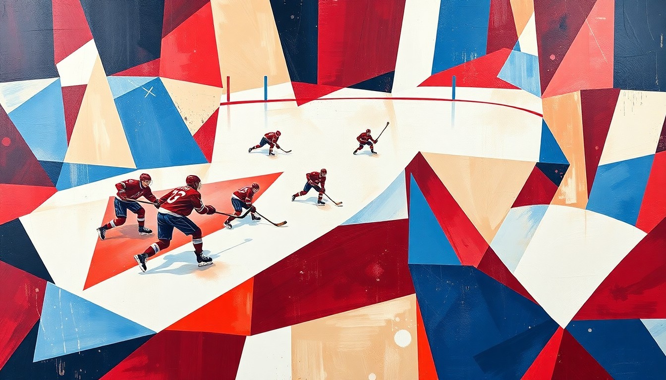 A fragmented, geometric painting in bold primary colors depicting the action and intensity of a hockey game.