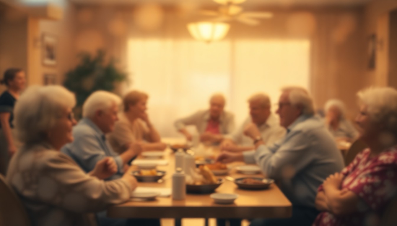 An abstract, impressionistic scene of senior citizens gathered around tables, their faces and details obscured in a hazy, dreamlike wash of warm colors and soft light, conveying the intimate, communal spirit of the event.