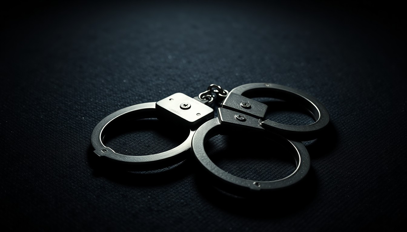 An extreme close-up photograph of a set of handcuffs lying on a dark, textured surface, lit by a harsh, direct camera flash, conceptually illustrating the challenges facing the Oklahoma County Jail.