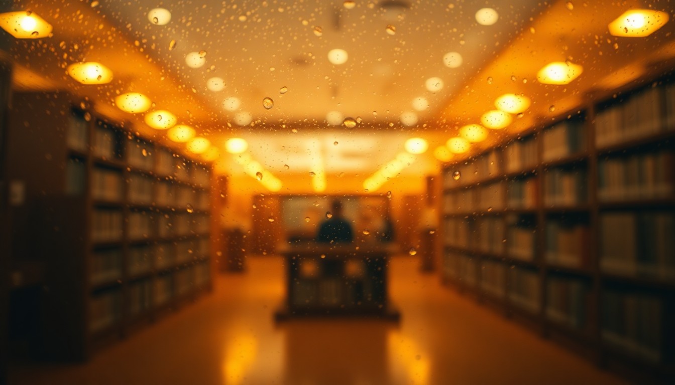 An abstract, impressionistic scene of blurred, warm-toned shapes and light, conveying the atmosphere and mood of a public library interior.
