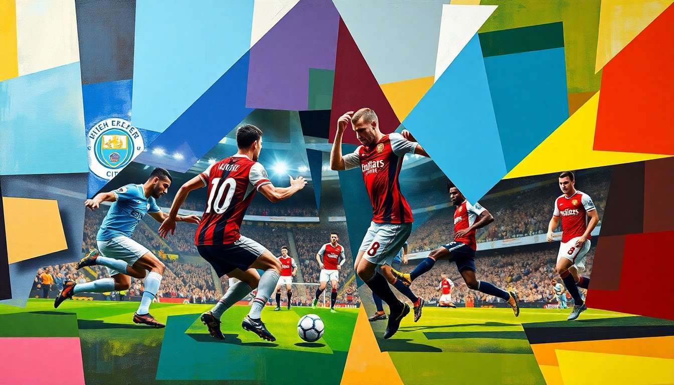 A cubist, geometric painting depicting the intense action and movement of a Premier League football match between Manchester City and Arsenal, with the players' forms fractured and overlapping to create a dynamic, abstract visual representation of the game.