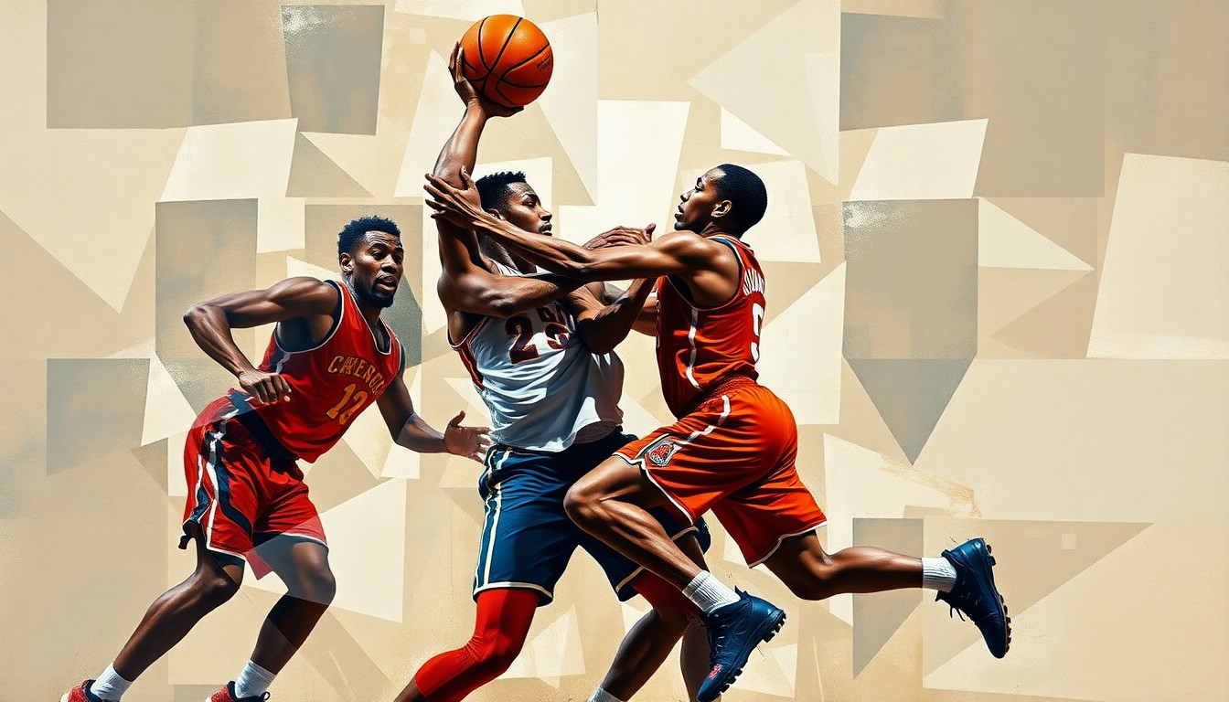 A fragmented, geometric painting depicting the physical confrontation between two basketball players, with their bodies and movements broken down into sharp, overlapping planes of color and form.
