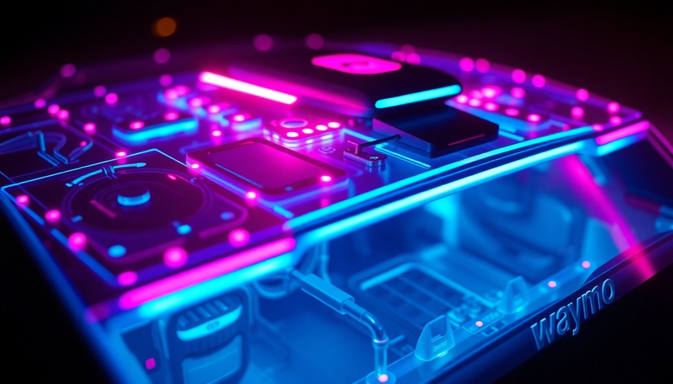 A highly detailed, glowing 3D illustration of the sensor array on top of a Waymo autonomous vehicle, with neon cyan and magenta lights illuminating the complex digital components, conceptually representing the advanced technology powering self-driving cars.
