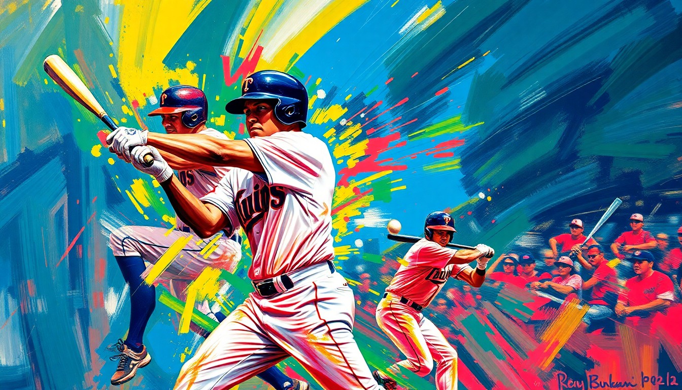 An abstract, energetic painting featuring bold brushstrokes in neon shades of blue, red, and yellow, capturing the dynamic motion and raw power of a baseball player swinging the bat and sending the ball soaring through the air.