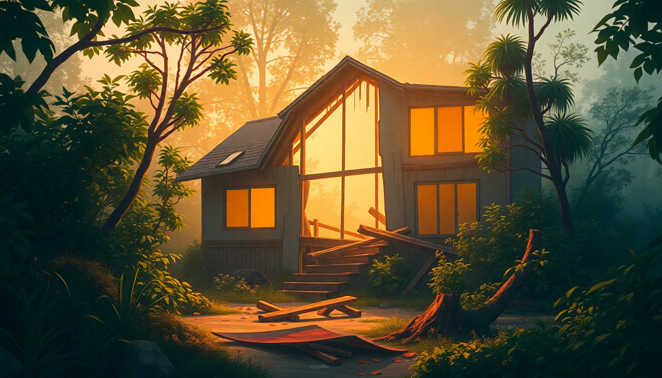 A blurred, impressionistic scene of a partially destroyed home surrounded by lush greenery, with warm pools of light and color reflecting the emotional impact of the disaster.