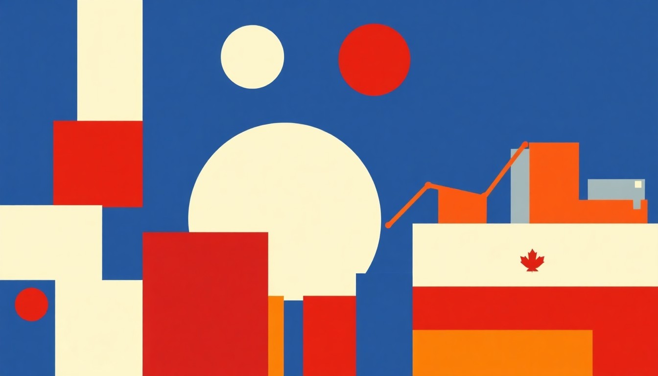A striking abstract illustration using bold red, blue, and yellow geometric shapes to conceptually represent the economic impact of rising inflation and energy costs.